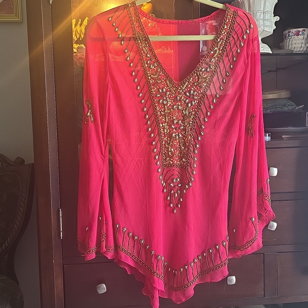 CLEARANCE Formal Sequined beaded bright pink flared Party blouse Indian SALE-